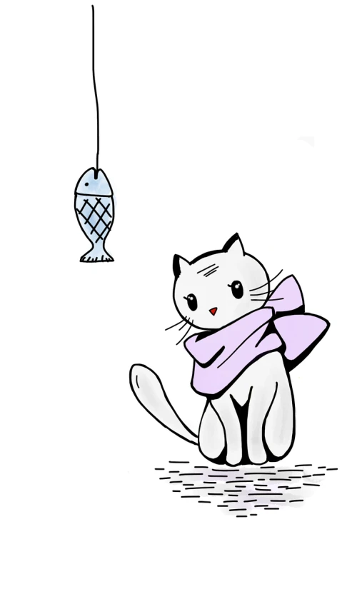 a drawing of a cat wearing a scarf, an illustration of, inspired by Katsushika Ōi, net art, wikihow illustration, lamp ( ( ( fish tank ) ) ) ), cute cartoon character, 'white background'!!!