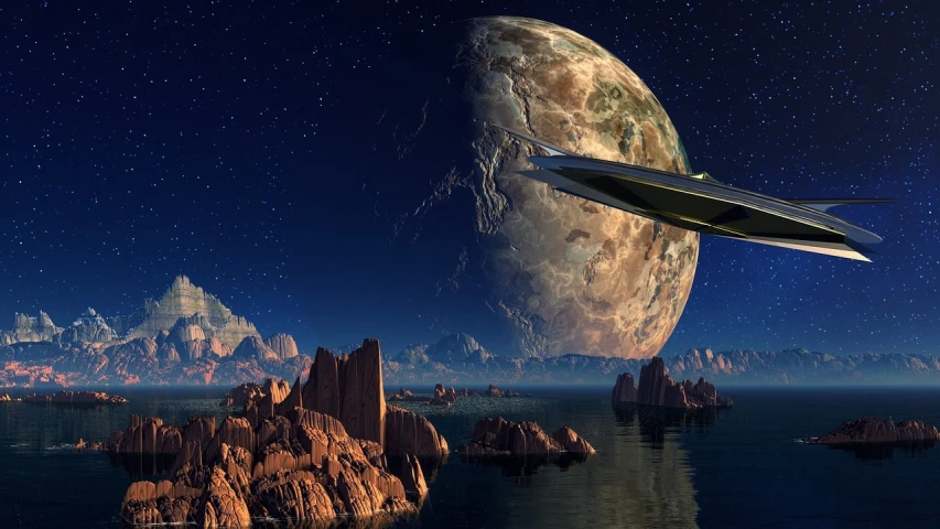 a spaceship flying over a body of water, a matte painting, cg society contest winner, forbidden planet, extraterrestial, [[fantasy]], space photography