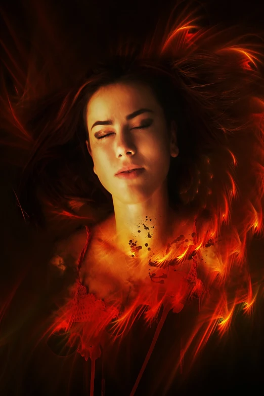 a woman that is laying down with her eyes closed, by Galen Dara, digital art, casting a flame spell, full frame shot, a dark phoenix, tv show
