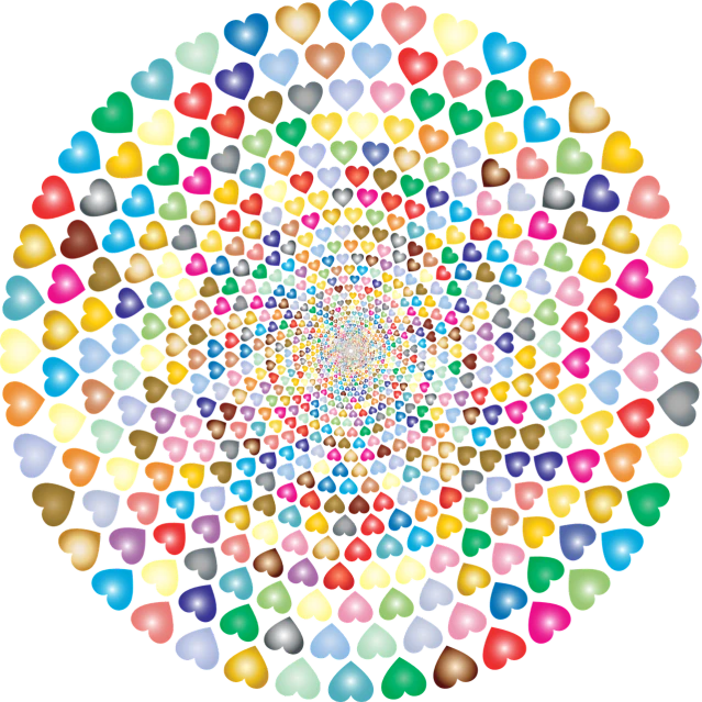 multicolored hearts arranged in a circle on a black background, a mosaic, inspired by Milton Glaser, flickr, infinite fractal mandala tunnel, high res, cute colorful adorable, vortex