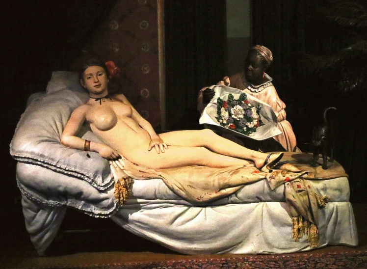 a painting of a woman laying on a bed, inspired by Jean Auguste Dominique Ingres, flickr, massurrealism, put on a mannequin, musee d'orsay 8 k, jean-leon gerome, flowers