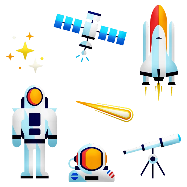 a collection of space related icons on a black background, by Paul Bird, shutterstock, miscellaneous objects, flat color, hubble telescope, glowing spacesuit