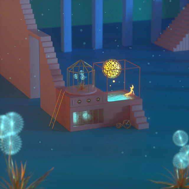 a small house in the middle of a body of water, by Brigette Barrager, polycount contest winner, conceptual art, bioluminescent hypercubes, orrery, isometric staircase, still from a music video
