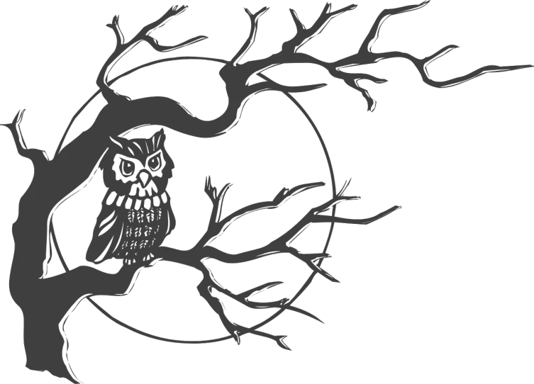 an owl sitting on top of a tree branch, lineart, inspired by Samuel Hieronymus Grimm, trending on pixabay, sōsaku hanga, horror wallpaper aesthetic, black backround. inkscape, moonlight grey, ambient occlusion:3