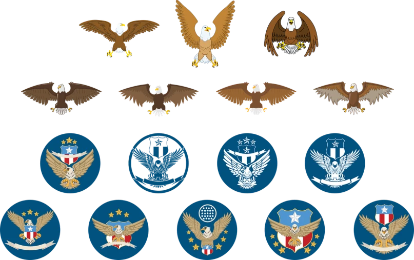 a group of eagle emblems on a black background, by David G. Sorensen, digital art, u.s. national security advisor, 2 d sprites asset sheet, military parade, united states air force