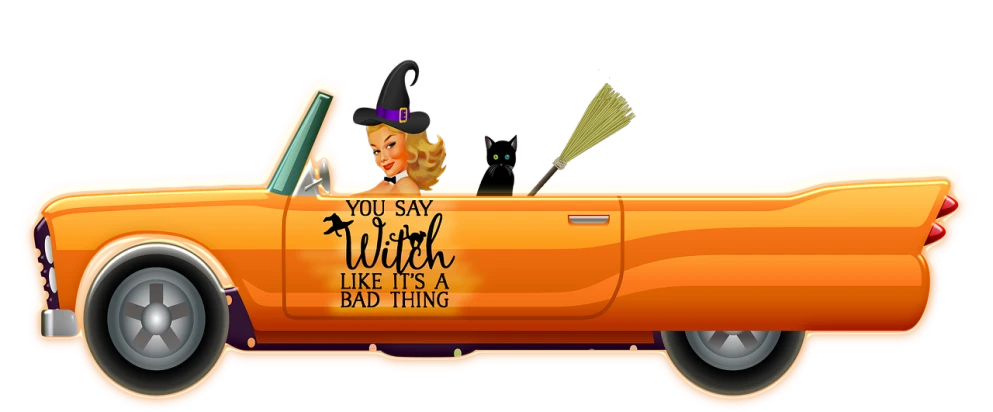 a car with a sign that says you're only a witch like it's a bad thing, a digital rendering, by Melissa A. Benson, trending on pixabay, part leyendecker style, cat witch, b movie, bad graphics