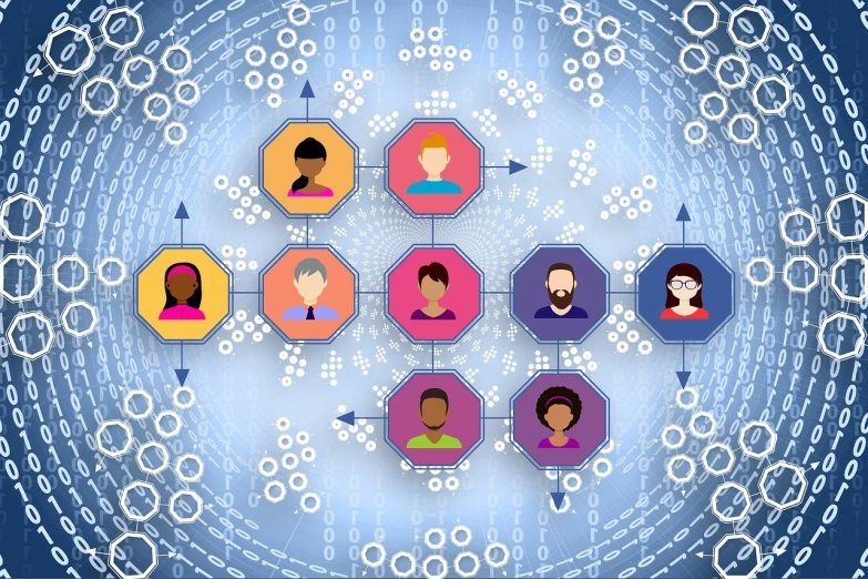 a group of people surrounded by hexagons on a blue background, your personal data avatar, chakra diagram face, in front of the internet, round background