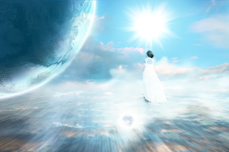 a woman in a white dress standing in front of a planet, inspired by Johan Jongkind, light and space, jesus walking on water, skybox, [[fantasy]], lots of sunlight