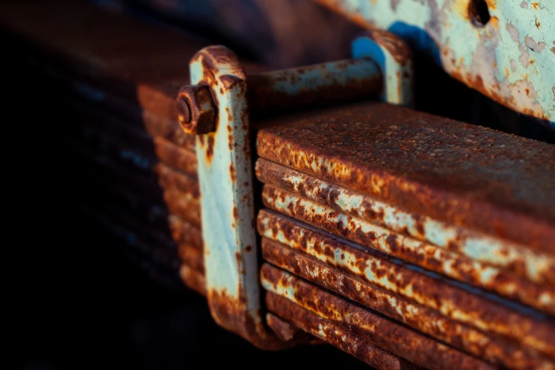 a close up of a rusted metal bench, a macro photograph, by Richard Carline, stacked, boxcar on the railroad, 4k detail post processing, close-up product photo