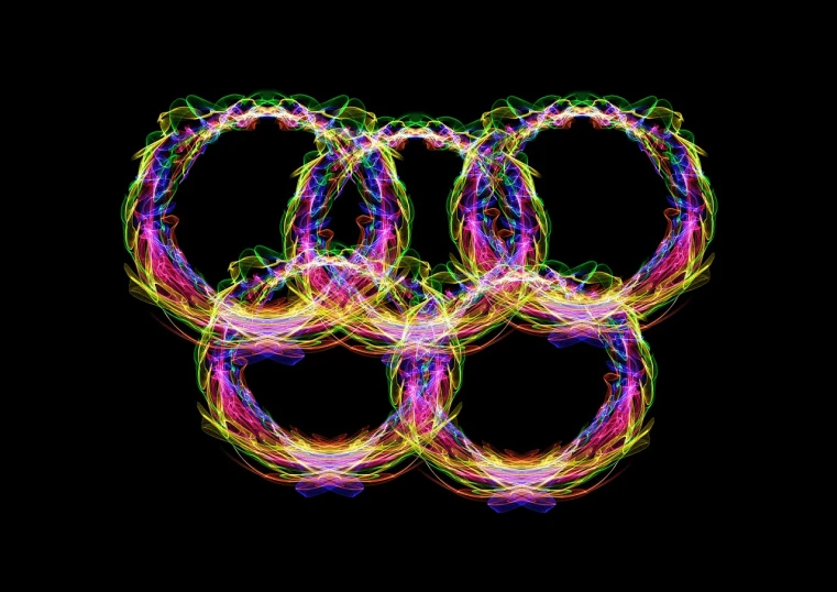 a close up of the olympic rings on a black background, a digital rendering, by Aleksander Kotsis, generative art, light diffraction, fractal frame, bangles, intertwined full body view