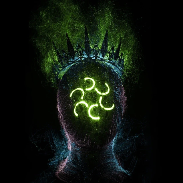 a man with a crown on his head, digital art, nuclear art, green glowing runes, whorl, mdma, hecate