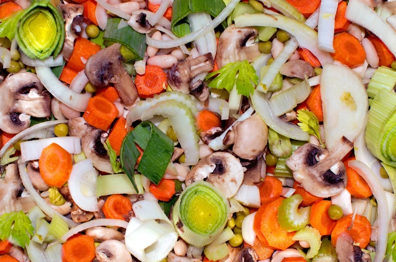 a mixture of vegetables including carrots, celery, onions, and mushrooms, a stock photo, by Jan Rustem, cut and paste, stew, close up food photography, full product shot