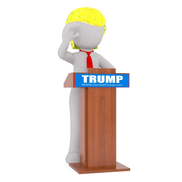 a person that is standing behind a podium, a cartoon, by Whitney Sherman, shutterstock, with donald trump hair, 3 d model, greeting hand on head, isolated on white