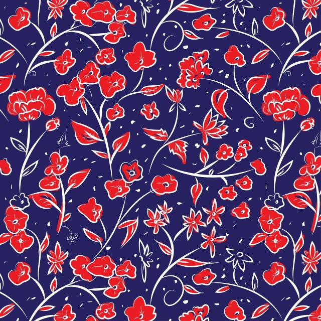 a pattern of red and white flowers on a blue background, vector art, art nouveau, sandra chevier, decorative dark blue clothing, spontaneous linework, john berry