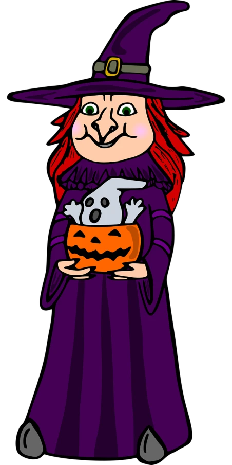 a cartoon witch holding a pumpkin, by Ingrida Kadaka, she has red hair, haunted kodachrome, mummy, vectorised