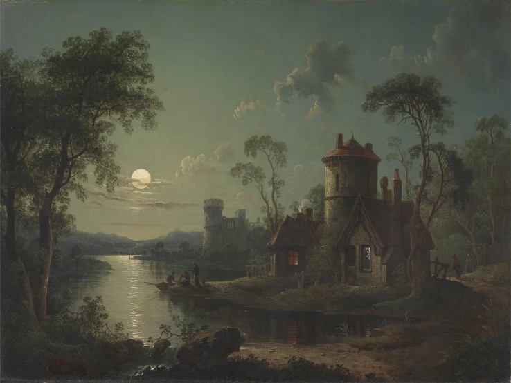 a painting of a river with a castle in the background, romanticism, in the moonlight, southern gothic scene, berne hogarth, thomas kincaid