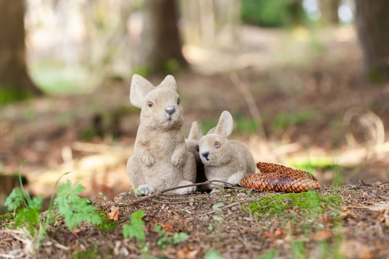 a couple of stuffed animals sitting next to each other, a picture, inspired by Beatrix Potter, shutterstock, maus in forest, scale model photography, very very well detailed image, outdoor photo