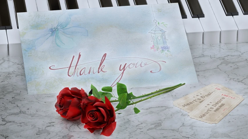 a red rose sitting on top of a table next to a thank card, by Rhea Carmi, flickr, packshot, detail shot, iray, us