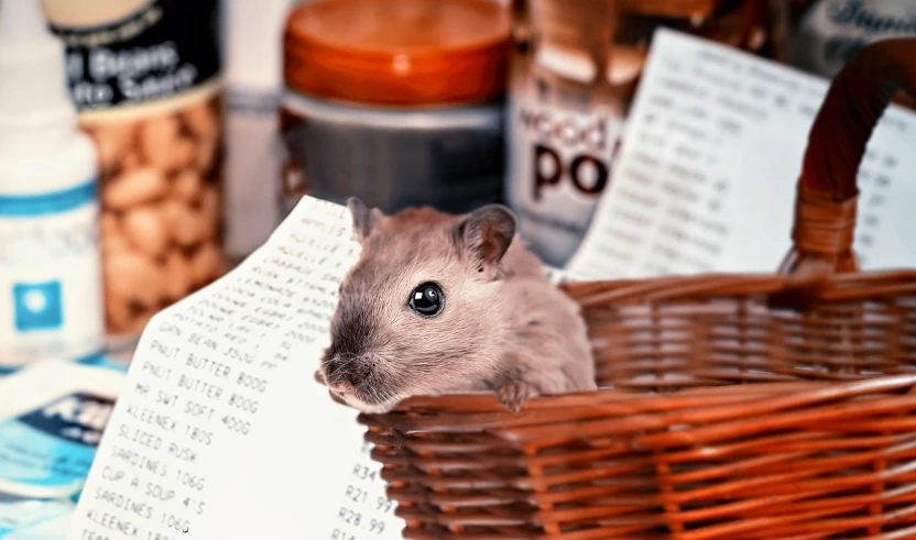 a hamster is sitting in a wicker basket, a photo, inspired by Chippy, mingei, at the counter, woody\'s homework, mrbeast, wallpaper!