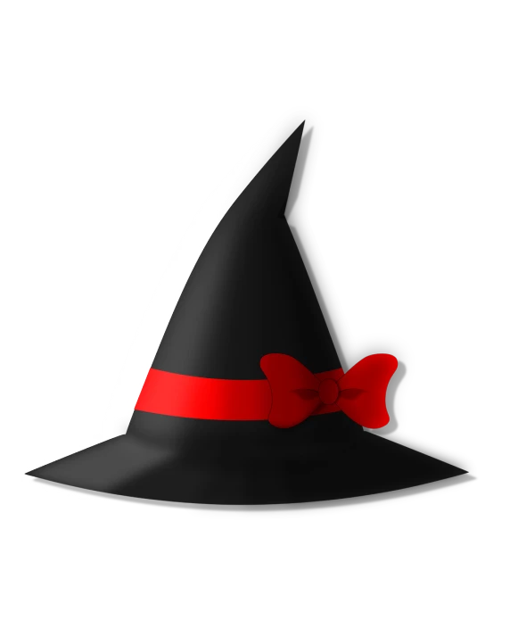 a black witch hat with a red ribbon, a digital painting, digital art, bowknot, black plastic, no gradients, long night cap