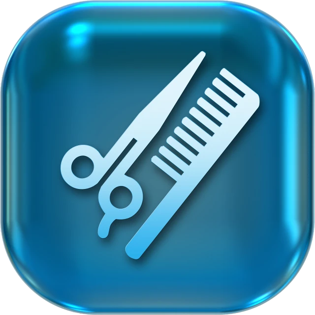 a blue button with a pair of scissors and a comb, pixabay, digital art, short hair with gel, bar, crystal, bordered