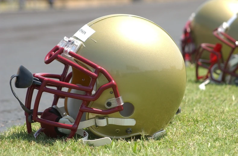 a couple of football helmets sitting on top of a lush green field, by David Simpson, shutterstock, on a reflective gold plate, maroon, alabama, close - up profile