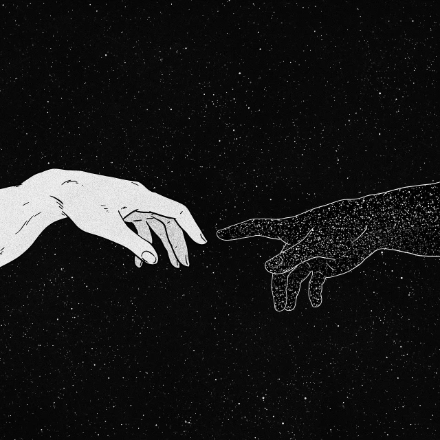 a drawing of two hands touching each other, tumblr, space art, dark academia aesthetics, artstyle of michelangelo, dark and white, computer wallpaper