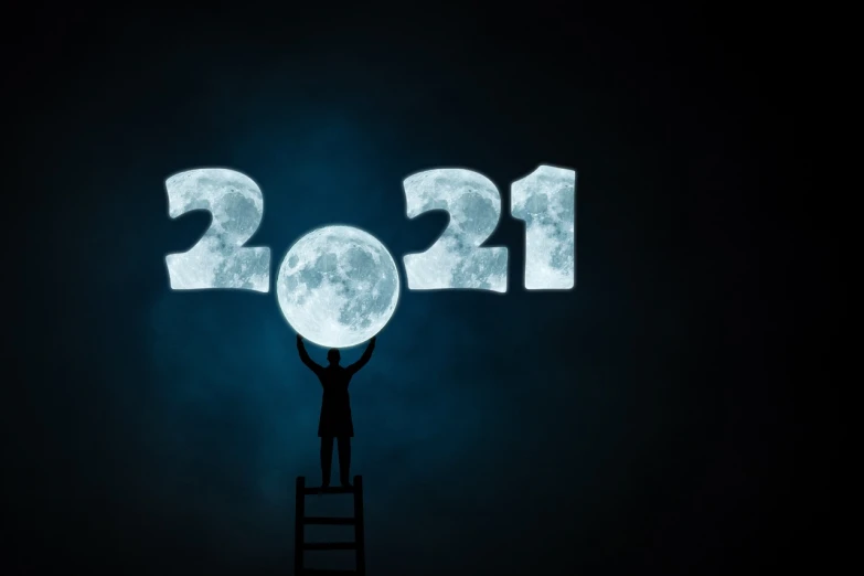 a person standing on a ladder in front of a full moon, trending on pixabay, happening, from star trek 2021, new years eve, blue silver and black, ( 3 1