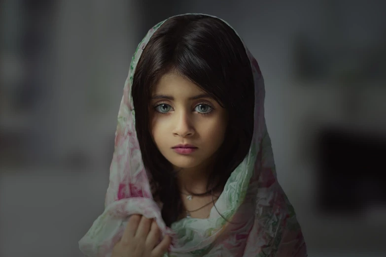 a young girl wearing a pink and green scarf, a colorized photo, by Riza Abbasi, pexels contest winner, hyperrealism, wlop. 4 k, of an beautiful angel girl, tiny girl looking on, uhd realistic faces