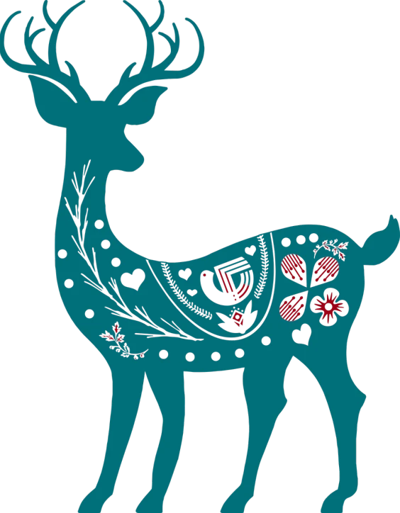 a blue deer with hearts on it's antlers, shutterstock contest winner, folk art, black+velvet+red+turquoise, vectorized, top - side view, mikko