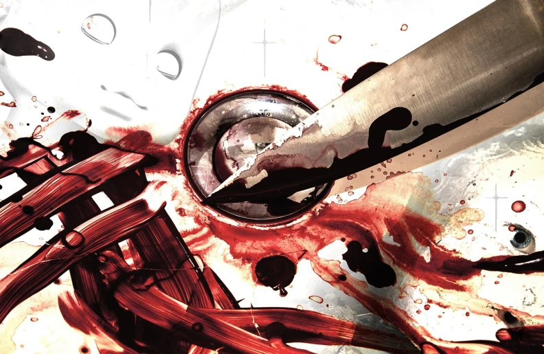 a knife sticking out of a sink filled with blood, an illustration of, by Bernard Meninsky, deviantart, conceptual art, steins;gate, medical background, closeup shot, exploded belly