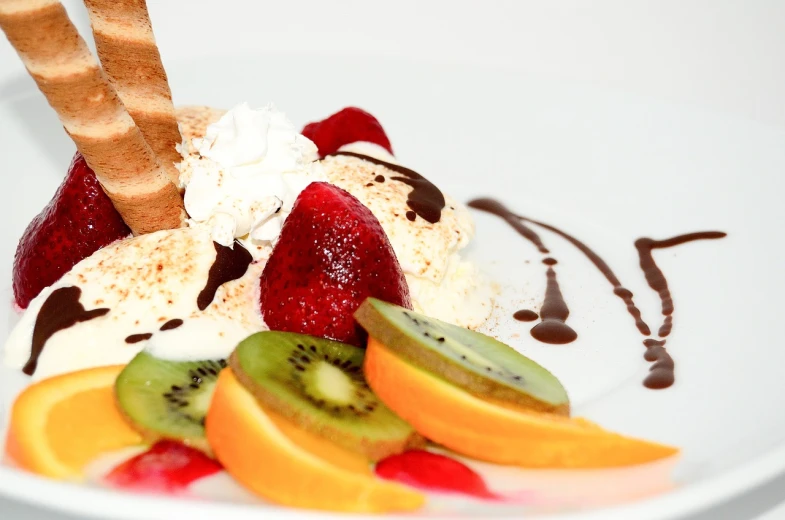 a white plate topped with fruit and ice cream, renaissance, closeup photo, high detail product photo, restaurant menu photo, stroopwaffel