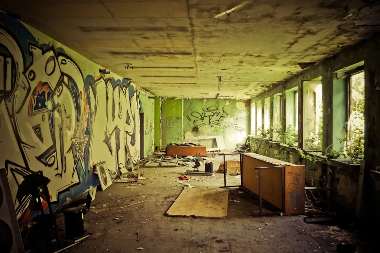 a room with a lot of graffiti on the walls, by Thomas Häfner, flickr, sickly green colors, hospital interior, empty buildings with vegetation, tattoo parlor photo