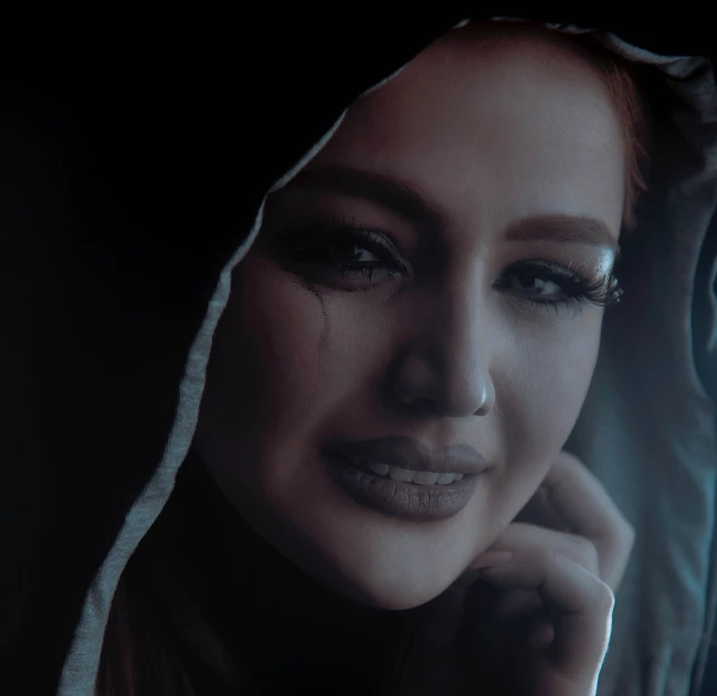 a close up of a person wearing a hoodie, a portrait, inspired by Julia Pishtar, digital art, matte painting portrait shot, adele, ameera al taweel, crying fashion model
