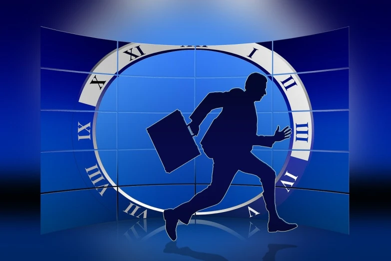 a silhouette of a man running in front of a clock, a digital rendering, journalist photo, corporate business, portlet photo, tv show