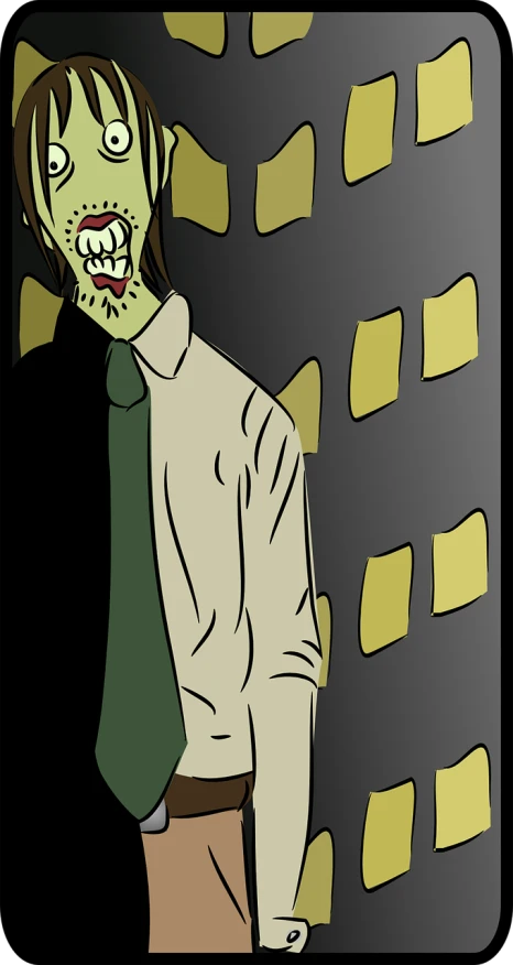 a cartoon zombie standing in front of a building, vector art, inspired by Tom Carapic, deviantart contest winner, portrait of a werewolf, subject detail: wearing a suit, green skinned, long haired humanoid fursona