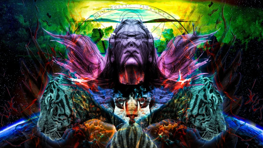 a man that is standing in front of a painting, digital art, by derek zabrocki, psychedelic art, ayahuasca shaman, metal album cover art, ((oversaturated)), mother earth