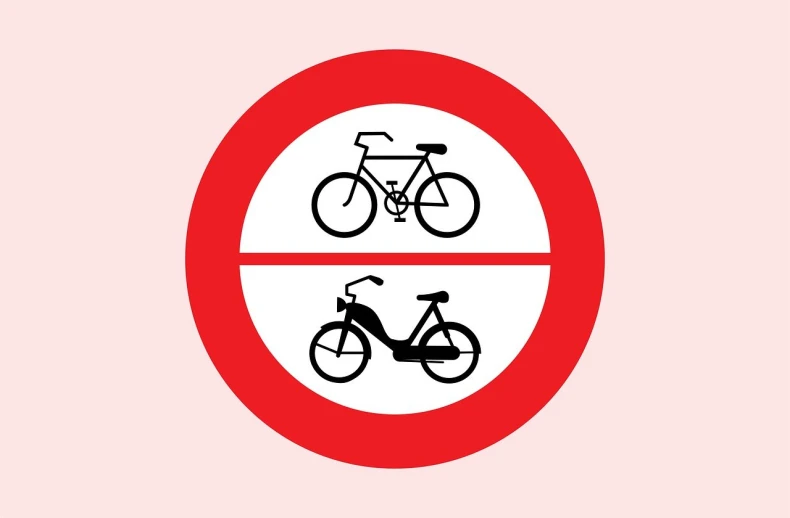 a red and white sign with a bicycle and a scooter, a picture, modernism, negative space is mandatory, bicycles, all enclosed in a circle, forbidden