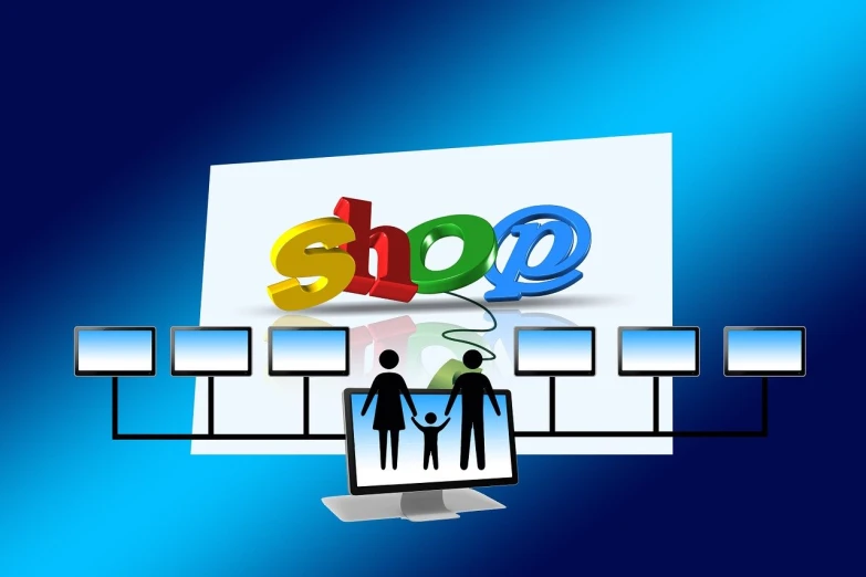 a group of people standing in front of a google logo, trending on pixabay, computer art, shelf, shopping cart, pc screen image, son