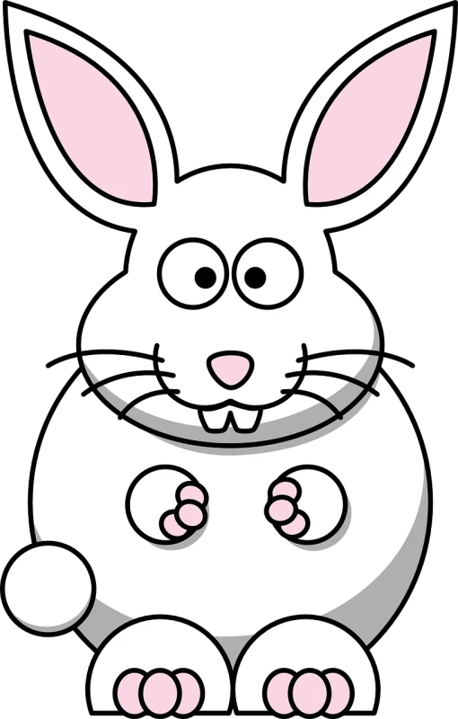 a white rabbit with pink ears sitting in front of a black background, a digital rendering, pixabay, sōsaku hanga, huge-eyed, coloring book outline, fat bugs bunny, easter