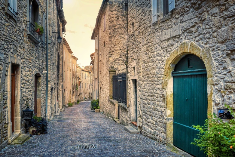 a narrow cobblestone street with a green door, a photo, by Bernard D’Andrea, shutterstock, renaissance, during dawn, medieval village on the plains, limestone, old color photo