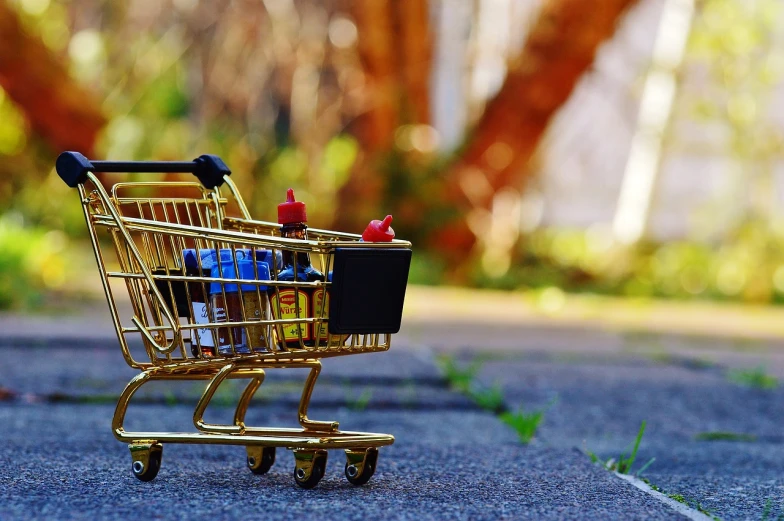 a miniature shopping cart sitting on the side of the road, presenting wares, shiny gold, ad image, beautiful surroundings