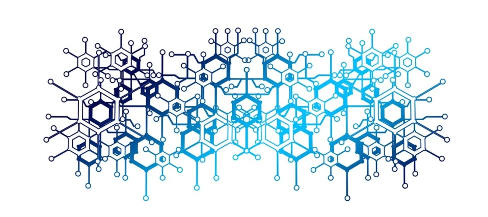 a computer circuit board pattern on a white background, pixabay, generative art, hexagons in the sky, blue ink, abstract logo, dna helix