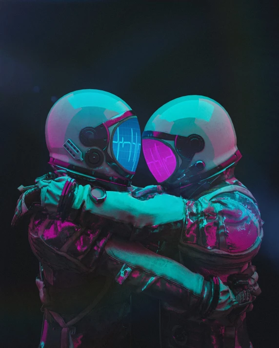 a couple of people that are hugging each other, by Beeple, with neon visor, cosmonaut, camouflage made of love, lovers