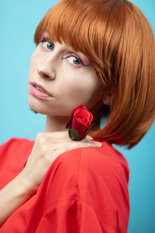 a woman with a red rose in her hair, an album cover, inspired by Leila Faithfull, trending on pexels, magic realism, sophia lillis, leeloo, catalogue photo, french bob