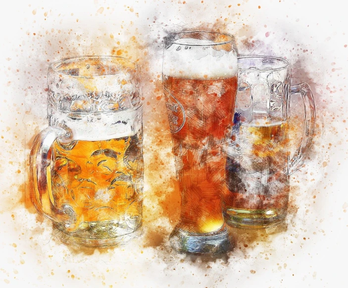 a couple of beer glasses sitting next to each other, a photorealistic painting, pixabay, watercolor-wash, trio, family photo, surface with beer-texture