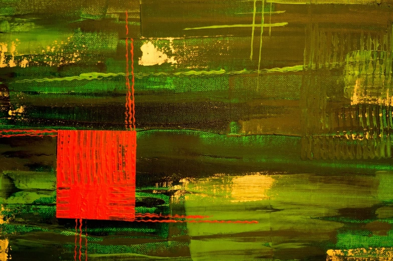 a painting with a red square in the middle of it, an abstract painting, inspired by Hans Hofmann, pexels, abstract art, green glows, depth detail, marsh, artistic!!! composition