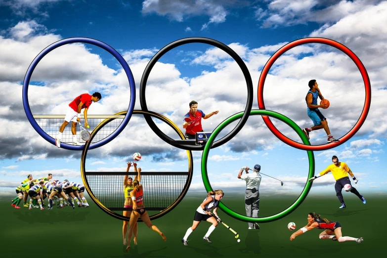 a group of people playing a game of tennis, a digital rendering, by Anton Solomoukha, shutterstock, olympics ceremony, sky!!!, everything enclosed in a circle, wallpaper”