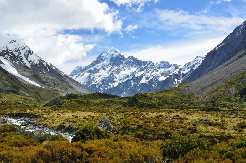 a river running through a lush green valley, by James Ardern Grant, shutterstock, with a snowy mountain and ice, manuka, standing in front of a mountain, time to climb the mountain path