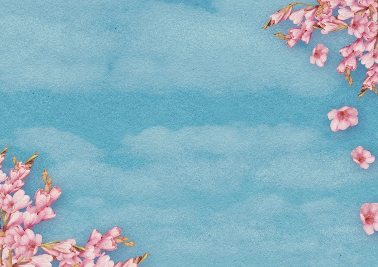 a watercolor painting of pink flowers against a blue sky, a watercolor painting, inspired by Koson Ohara, conceptual art, handcrafted paper background, above view, under blue clouds, cherry blossom background